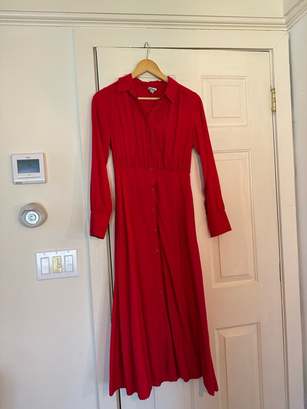a new day Red Long Sleeve Button-Front Midi Dress